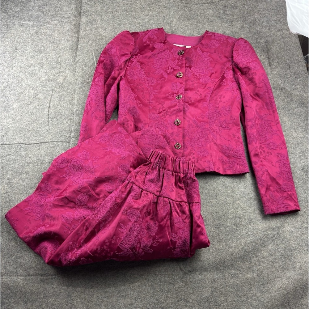 Vtg 80s Jessica McClintock Girls 10 Gem Button Victorian Hot Pink‎ Floral Dress